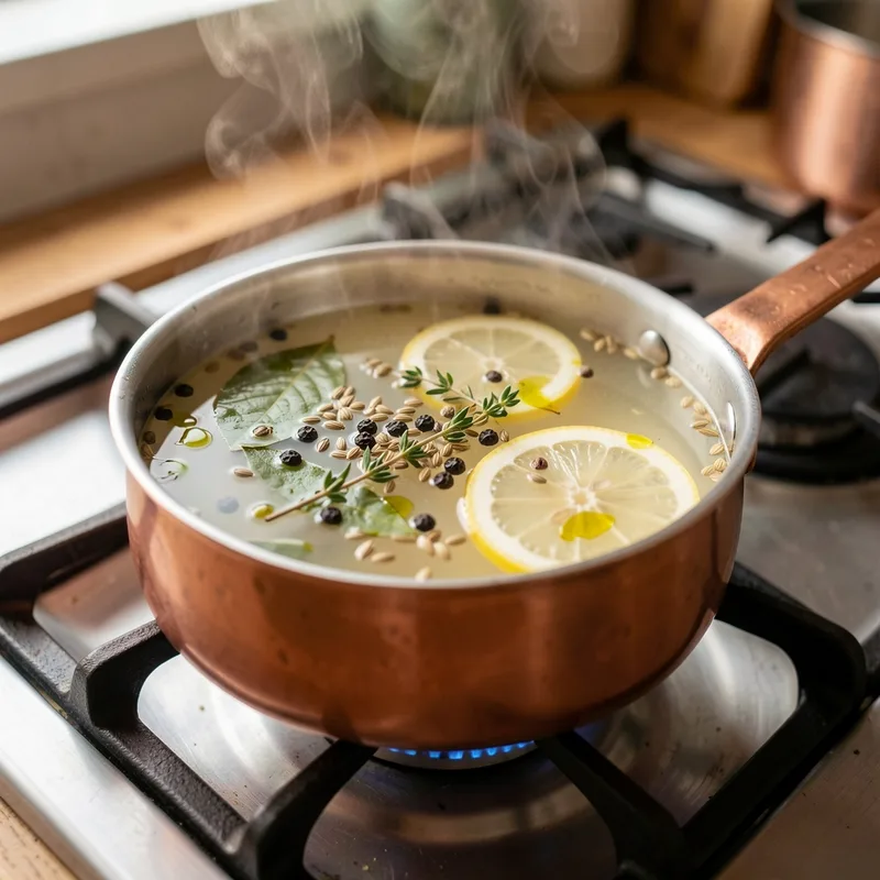 Court-bouillon à la grecque en préparation dans une casserole en cuivre avec coriandre en grains, thym, laurier et rondelles de citron