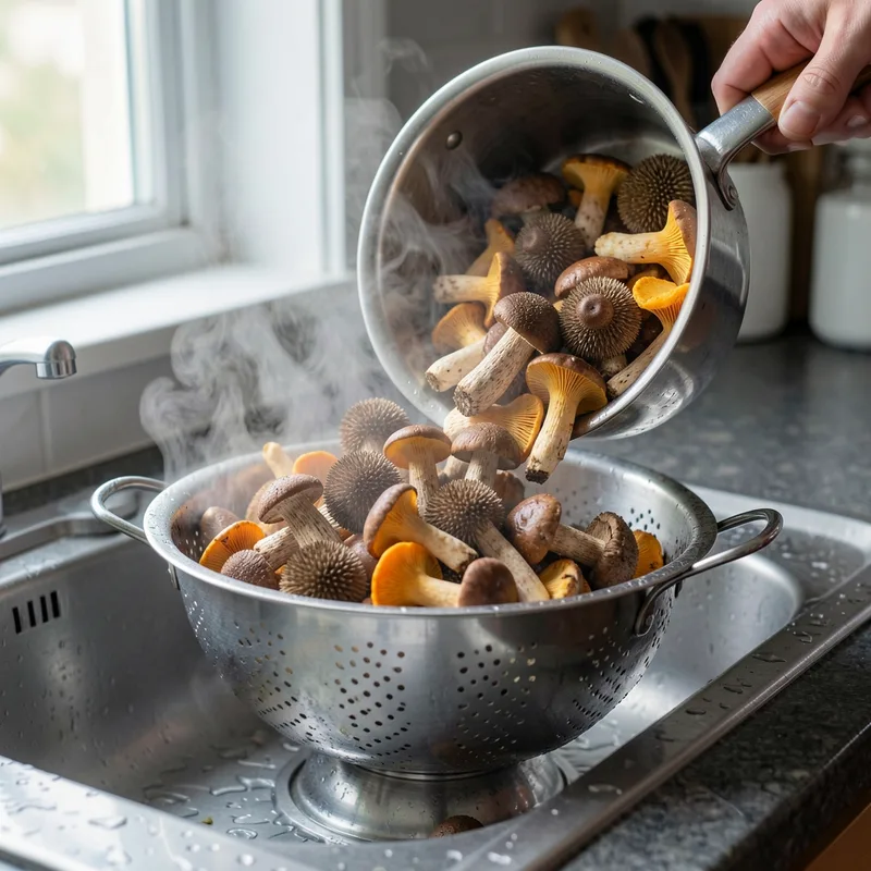 Champignons de cueillette blanchis dans une casserole d&rsquo;eau bouillante avant marinade, égouttés dans une passoire