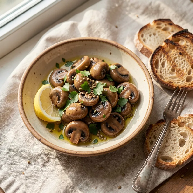 Champignons à la grecque servis froids dans un plat creux avec citron, coriandre et persil plat, pain de campagne à côté