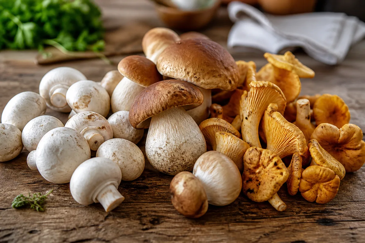 Assortiment de champignons de Paris, cèpes et girolles posés sur un plan de travail en bois avant préparation