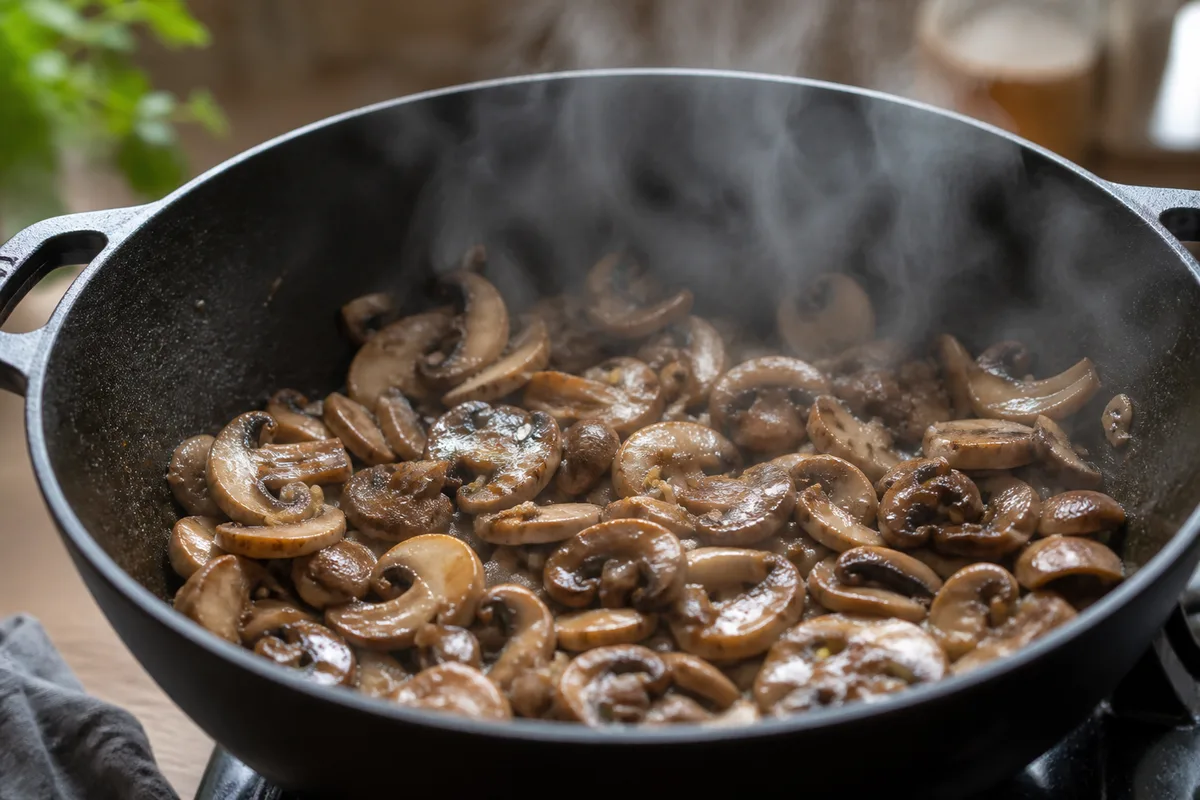 Champignons émincés en train de suer dans une cocotte en fonte, vapeur visible