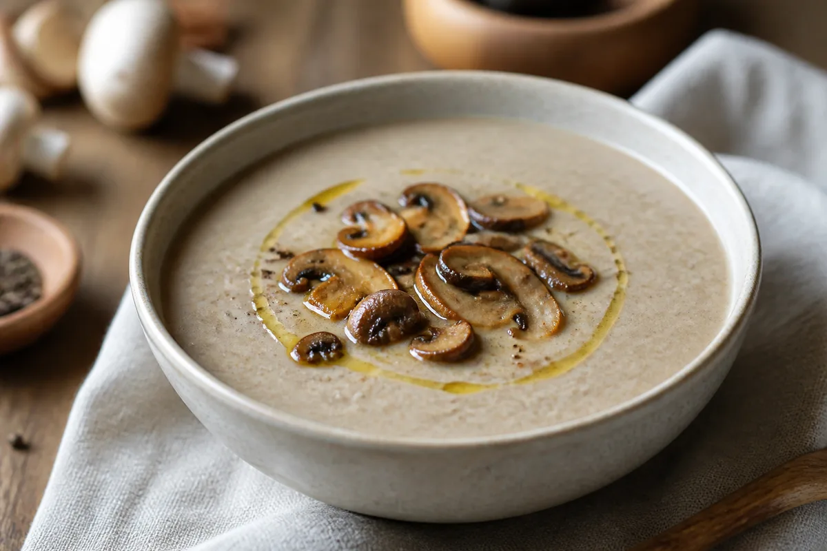 Bol de velouté de champignon crémeux surmonté de lamelles poêlées et d&rsquo;un filet d&rsquo;huile
