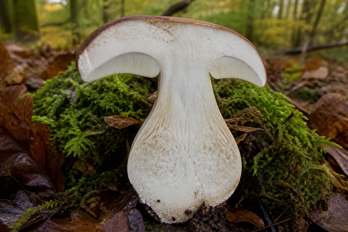 Coupe longitudinale d&rsquo;un pied de cèpe montrant la chair blanche et le réseau clair caractéristique