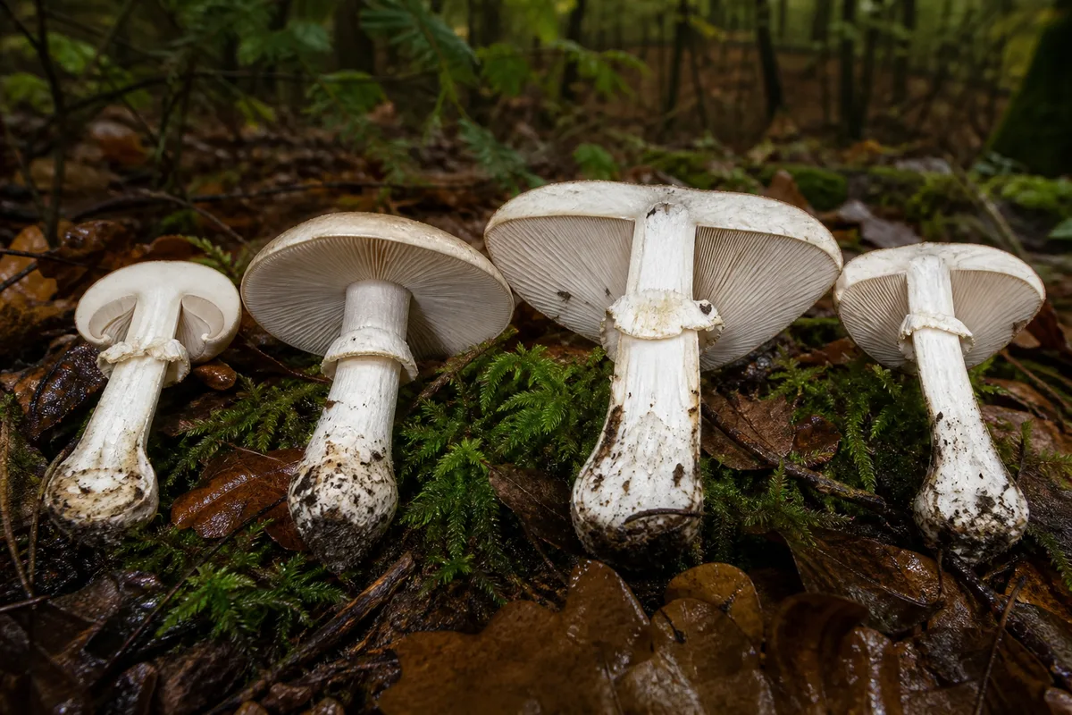Coupe de plusieurs champignons alignés montrant la base du pied, l&rsquo;anneau et les lames