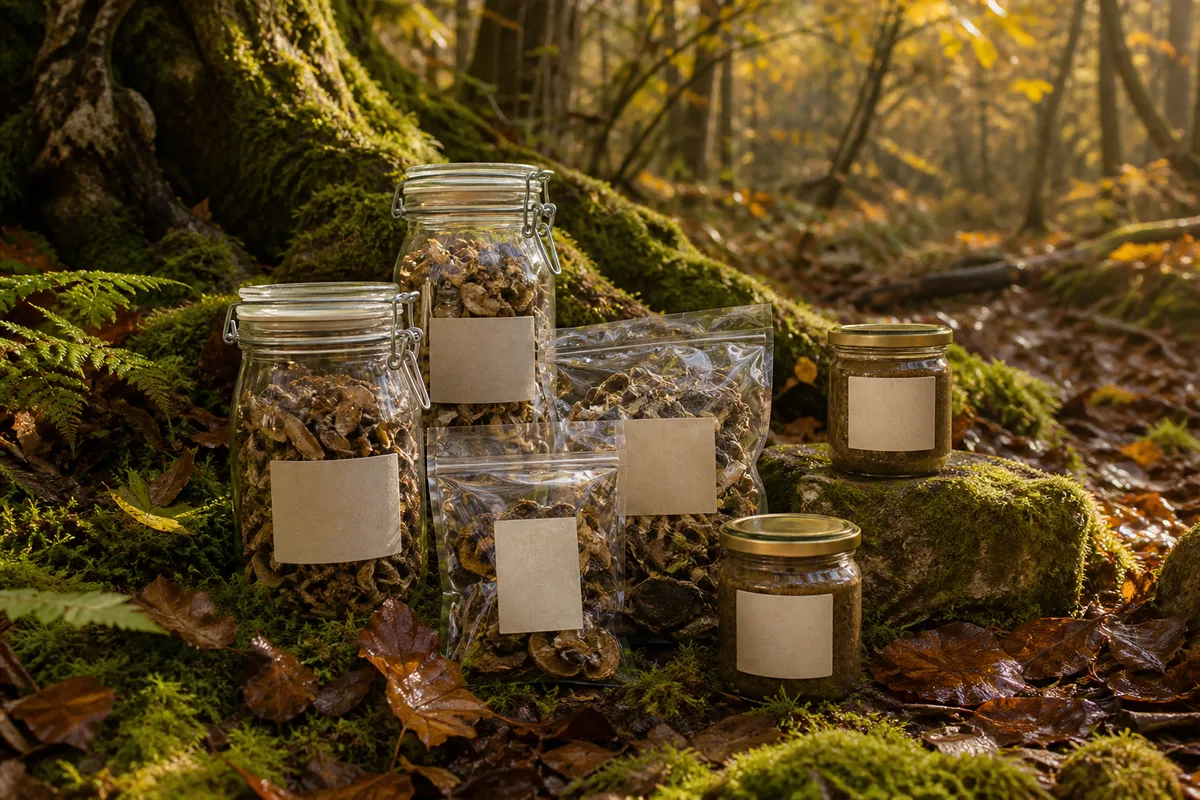Bocaux de verre et sachets étiquetés contenant champignons séchés et duxelles prêts au stockage