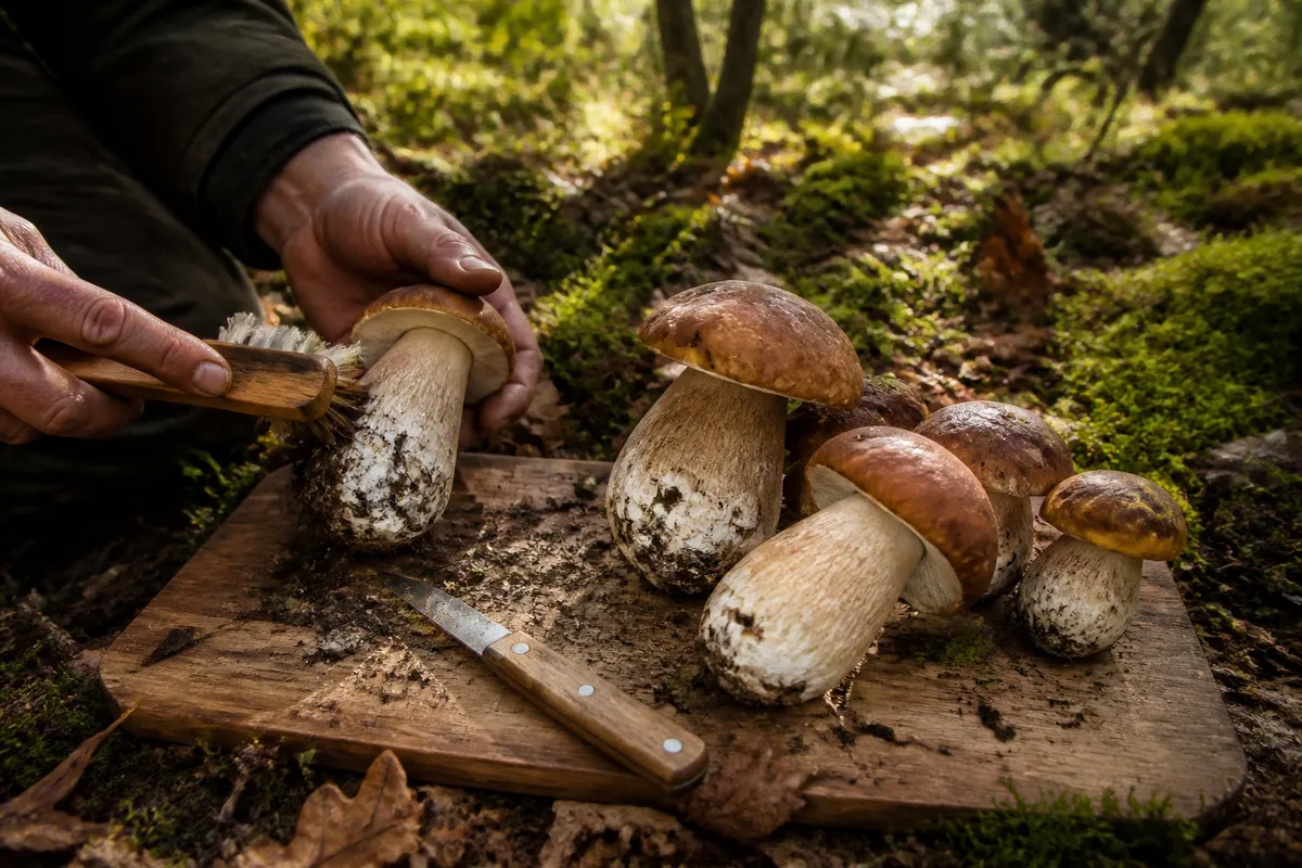Cèpes en cours de nettoyage à la brosse et au couteau sur une planche en bois