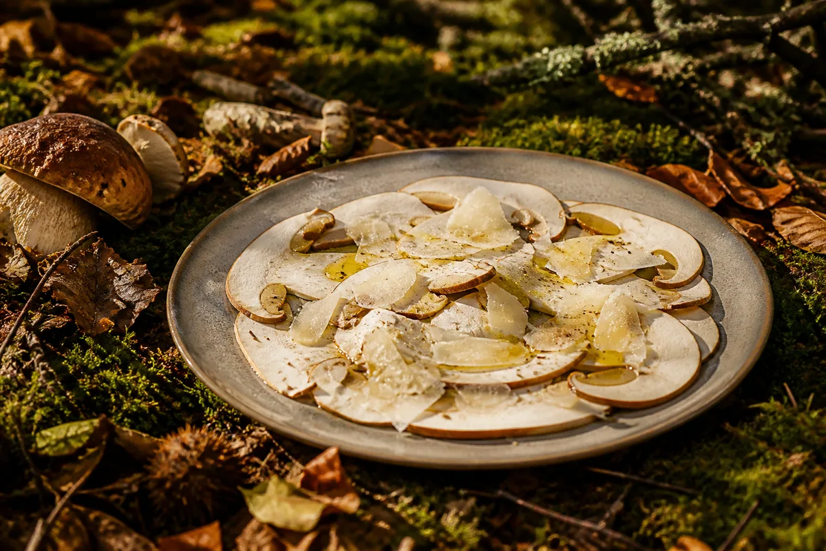 Assiette de carpaccio de cèpe cru assaisonné à l’huile d’olive et aux copeaux de fromage