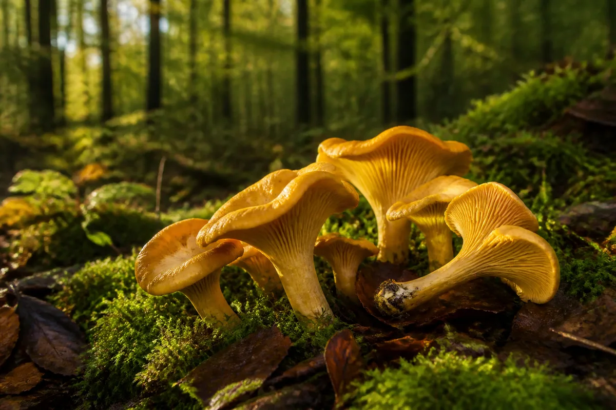 Girolles jaune d&rsquo;or dans la mousse d&rsquo;un sous-bois, plis décurrents bien visibles sous le chapeau