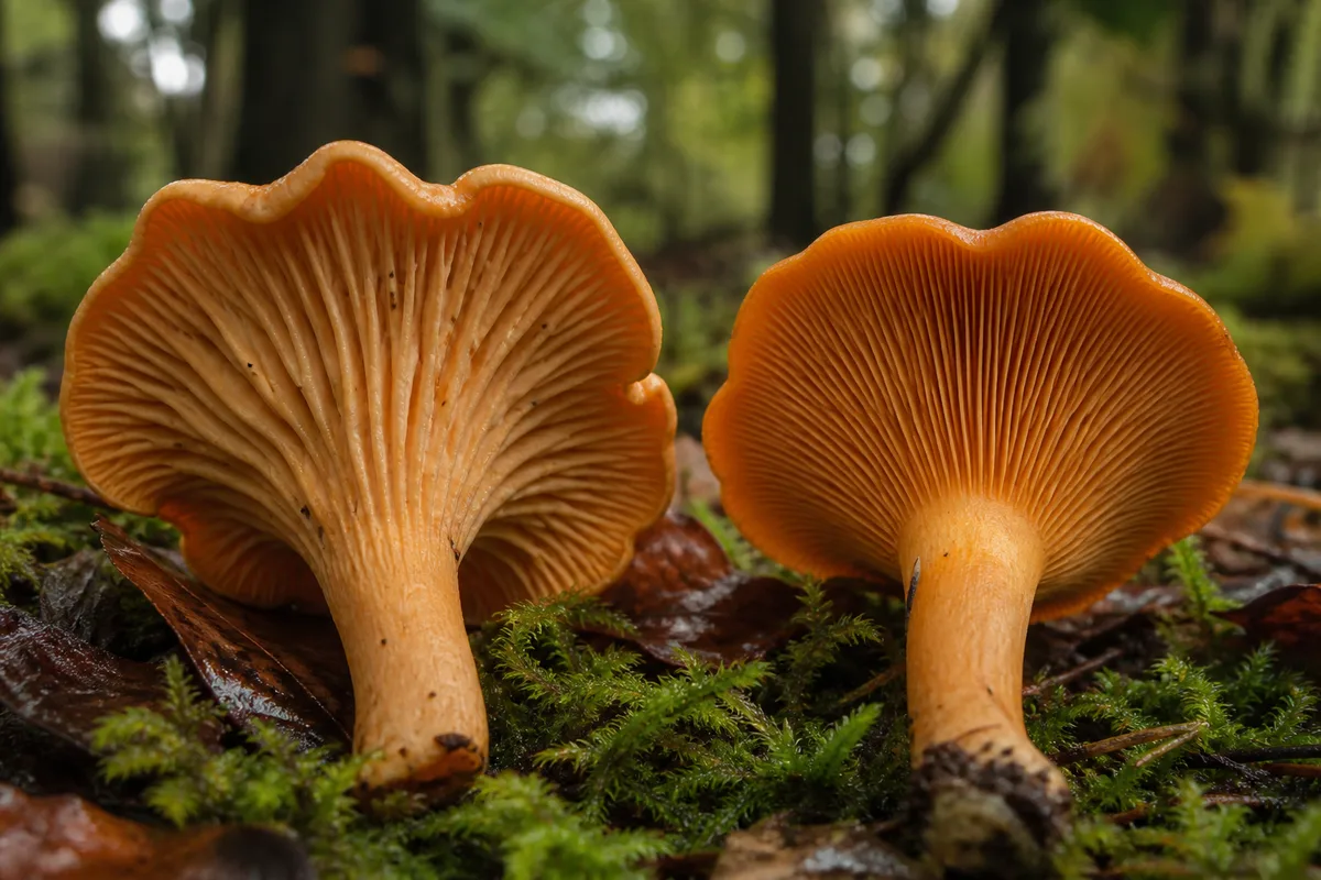 Comparaison rapprochée du dessous d&rsquo;une girolle à plis épais et d&rsquo;un champignon orange à lames fines