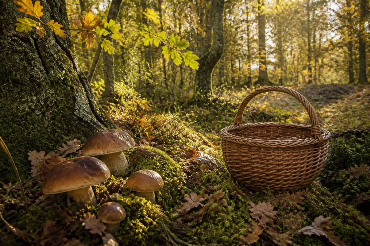 Sous-bois de pins et de chênes girondin au petit matin, lumière rasante et tapis de mousse humide