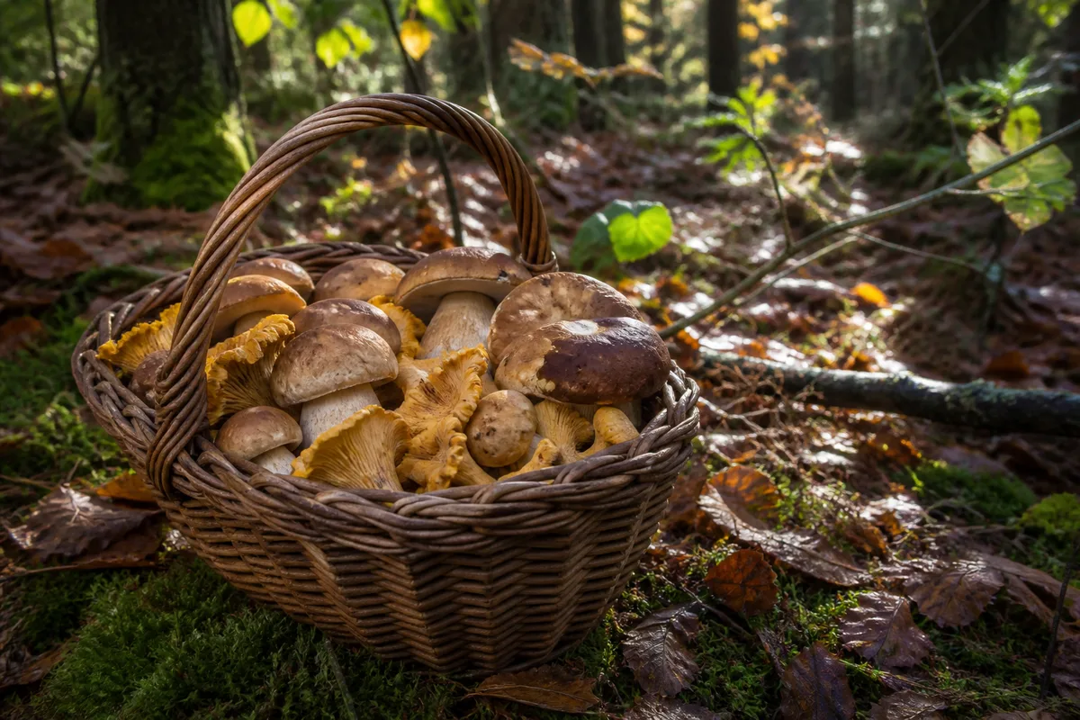 Panier en osier posé sur la mousse, rempli de cèpes et de girolles fraîchement cueillis