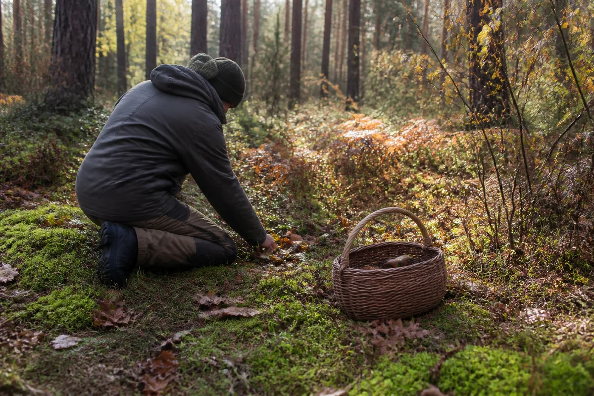 Cueilleur agenouillé dans une clairière de la forêt landaise, panier en osier posé sur la mousse